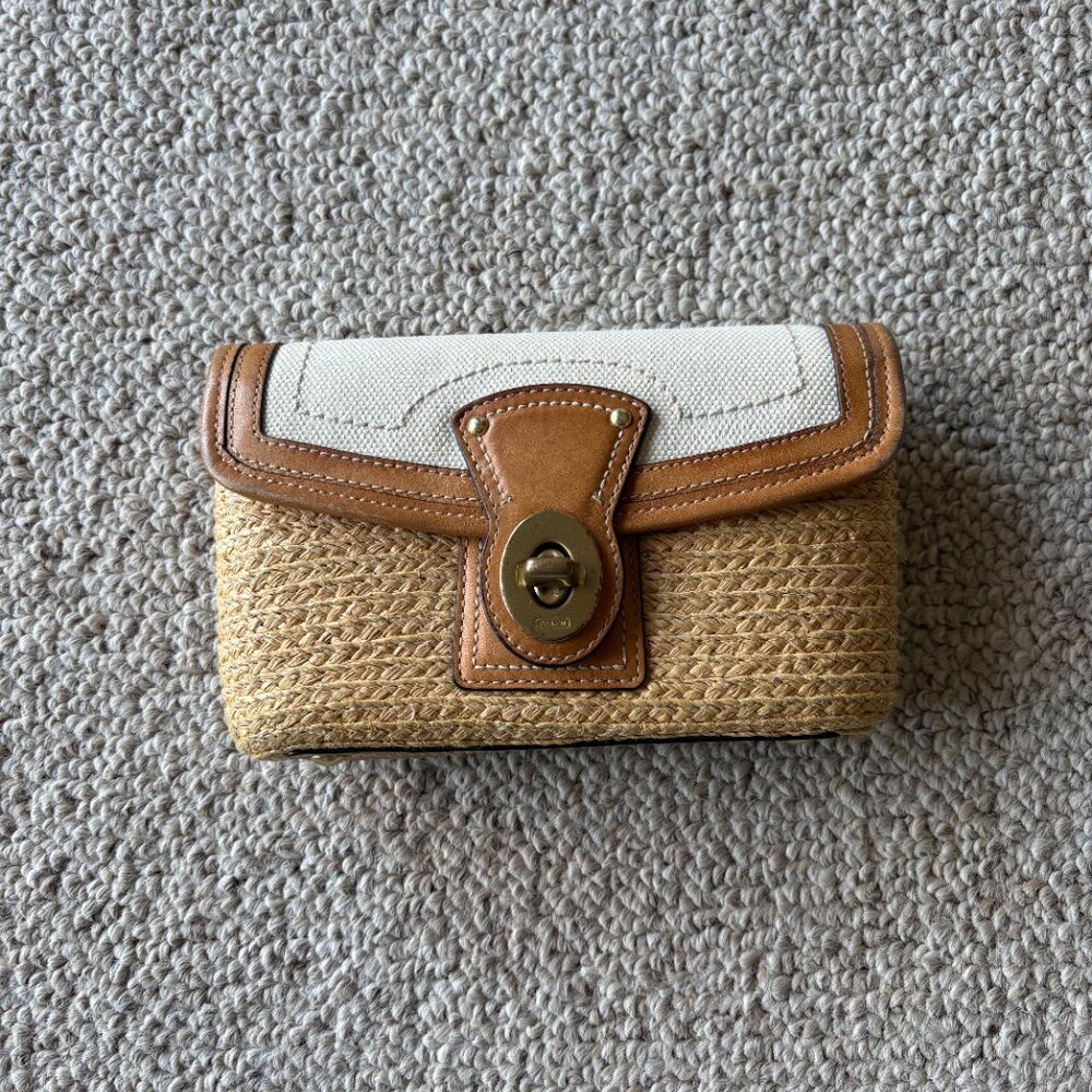 Coach Straw Summertime Clutch Wristlet Woven Straw Leather Trim Gold Turn Lock - Picture 2 of 12